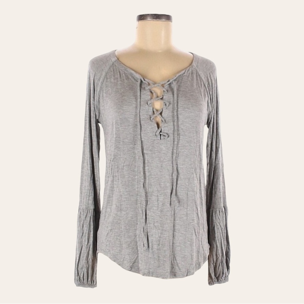 Chaser Lace-Up Bishop Sleeve Gray Stretch Raglan Tee Size M NWT
